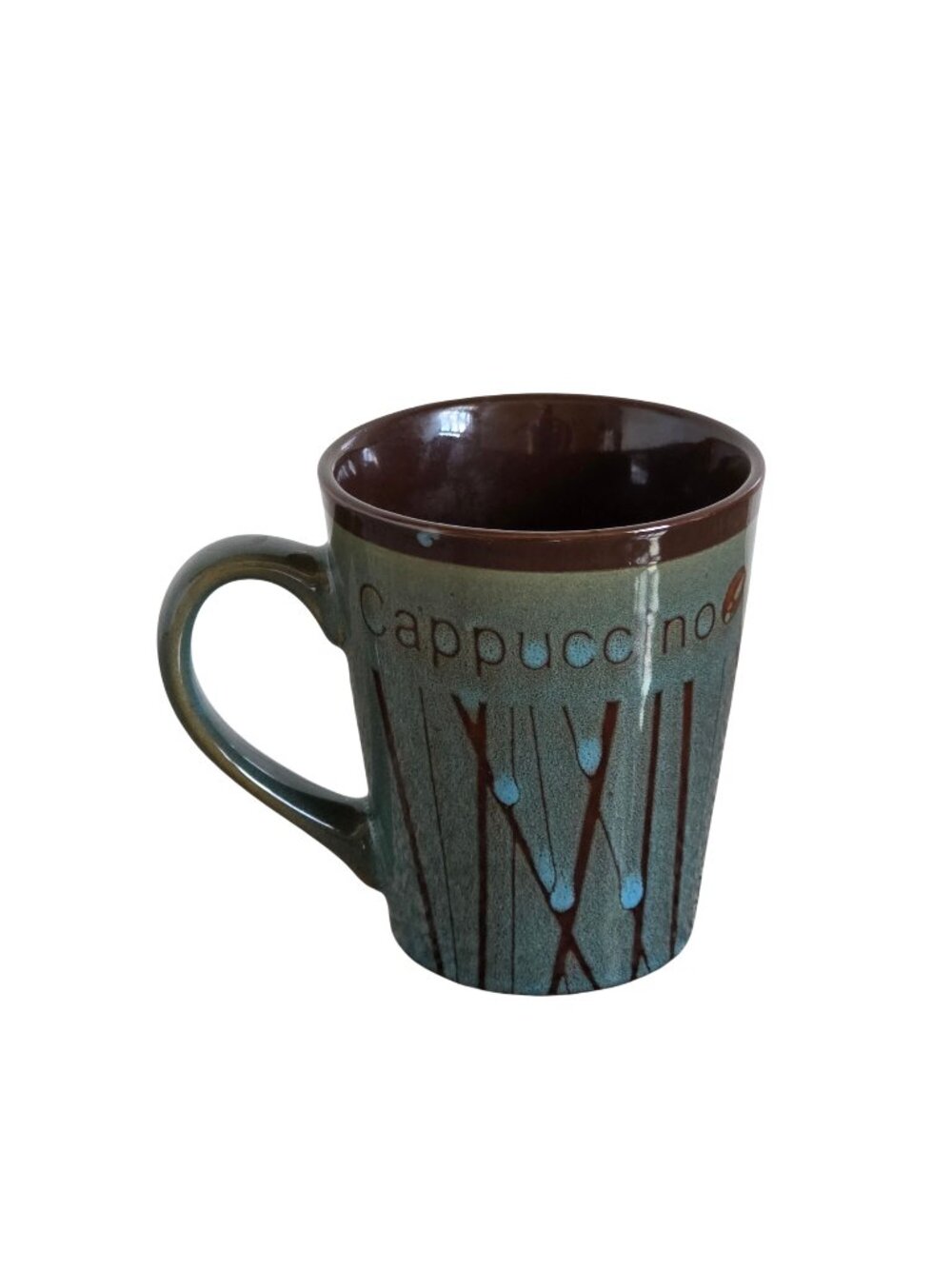 Vintage Cappuccino Coffee Mucha Brown Blue Ceramic with Vertical Stripe Textures